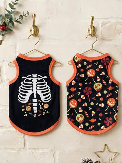 The 3estie 3eastie 2pcs Halloween Funny Skeleton Print Pet Vest, Physical Flea Prevention, Reduces Shedding, Insulated & Breathable, Dog Vest Suitable For Small And Large Dogs & Cats, Indoor & Outdoor