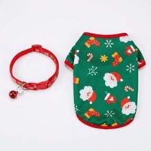 Bộ 2 món trang phục Giáng Sinh cho chó, áo vest thú cưng in hình ông già Noel đỏ & xanh lá kèm vòng cổ chuông, phù hợp cho chó cỡ nhỏ và trung bình, quần áo mùa đông - màu xanh lá - Xem 11