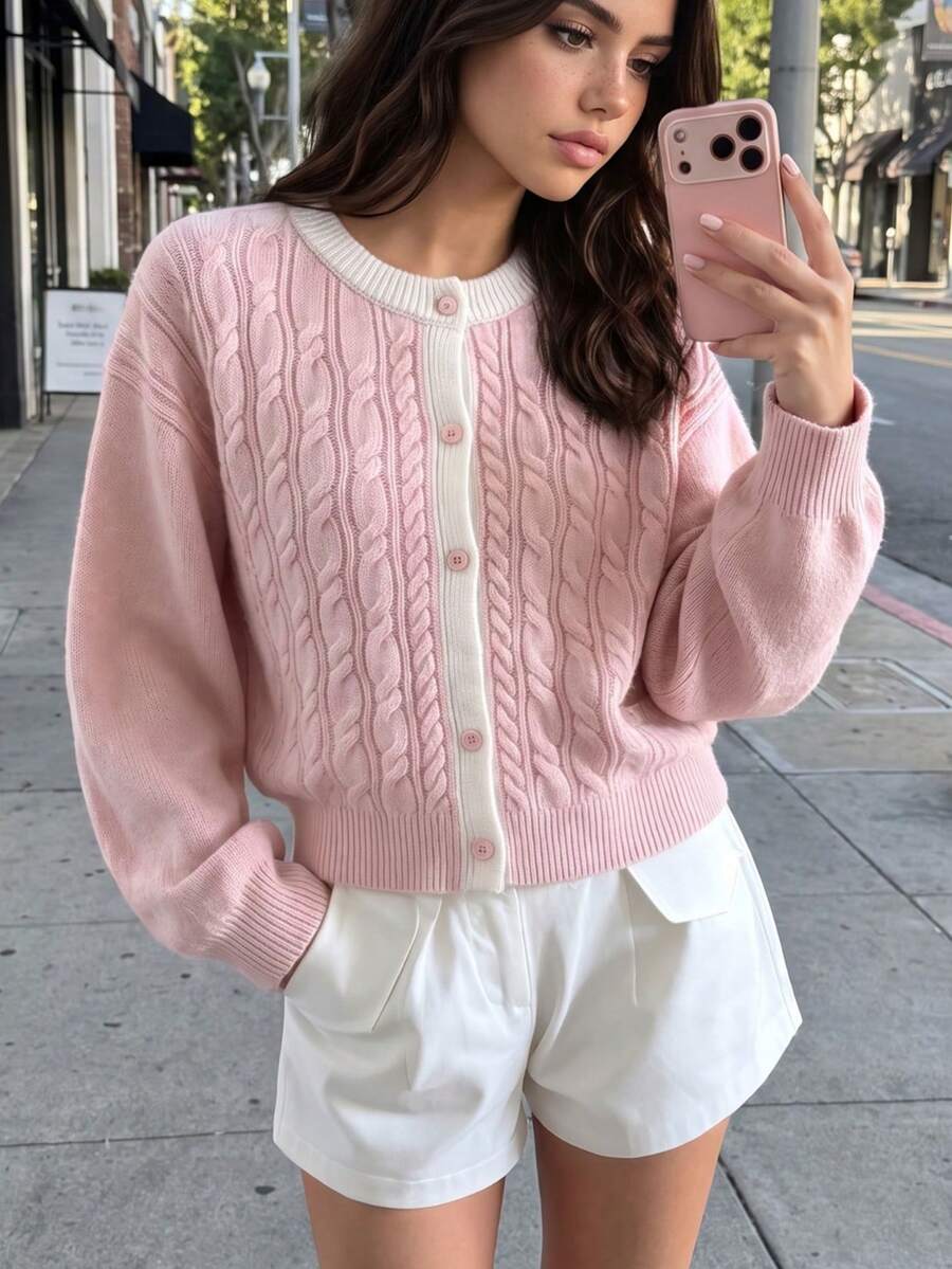 Korean Slouchy Pink Cable Knit Cardigan, Contrast Collar Button Front Loose Sweater, Suitable For Autumn Back To School And Commuting - Pink - View 1