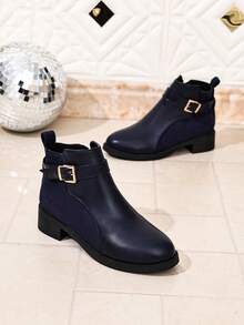 Women's Autumn/Winter Solid Color Dual-Panel Fabric + Metal Buckle Side Zipper Design, Suitable For Daily Commute And Gatherings, Pairs Elegantly With Coats + Skirts, Versatile For Multiple Styles, Comfortable Flat Sole, Suitable For Long-Term Wear, Breathable Fabric Lining, Easy-To-Clean Upper, Fashionable British Autumn Ankle Boots - Navy Blue - View 8