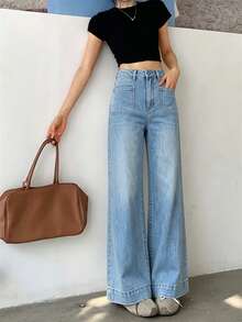 Women's Light Wash High Waist Loose Fit Stretch Denim Jeans, Wide Flared Hem & Fashion Patch Front Pockets Casual Pants - Blue - View 2