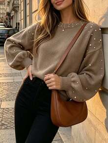 Solid Color Round Neck Beaded Casual Loose Knit Pullover Top - Light Brown - View 4
