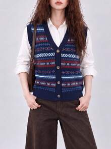 Women's Autumn/Winter Vintage Pattern V-Neck Cardigan Vest - Navy Blue - View 3