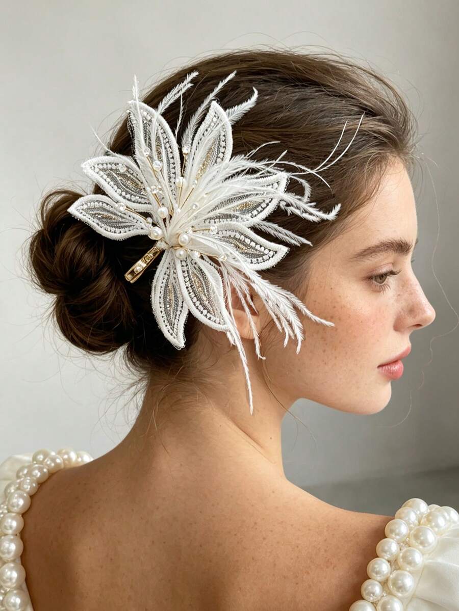 1pc Large Vintage Lace Faux Feather Rhinestone Pearl Hair Clip, Bridal Wedding Headpiece, Wedding Party Accessory, Exquisite Newlywed Gift - Multicolor - View 1