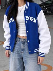 1pc Tween Girls Casual High Street Versatile Outdoor Commute Baseball Jacket, Autumn/Winter - Blue - View 1
