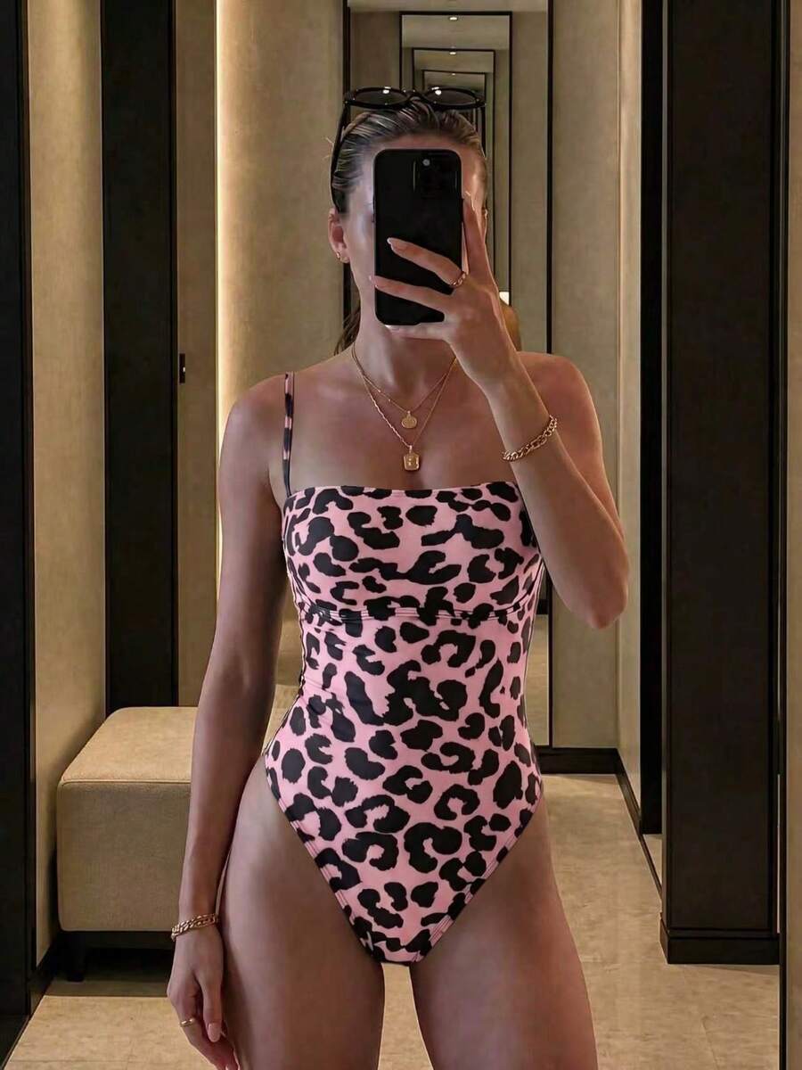 Spring/Summer New Pink Leopard Print Elegant Casual Beach Vacation Party Date One-Piece Swimsuit - Multicolor - View 1