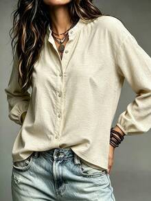 2026 Women's Autumn/Winter New French Slouchy Slimming Shirt, Loose Silhouette Solid Color Premium Commuter Casual Top, Relaxed Fit Slimming Solid Color Early Autumn Elegant Commuter Blouse, Minimalist Solid Color Light Business Commuter + Daily Versatile Loose Top. Suitable For Home Daily, Commuting To Work, Street Shopping, Winter Travel, Outings With Friends And Other Occasions. - Apricot - View 5