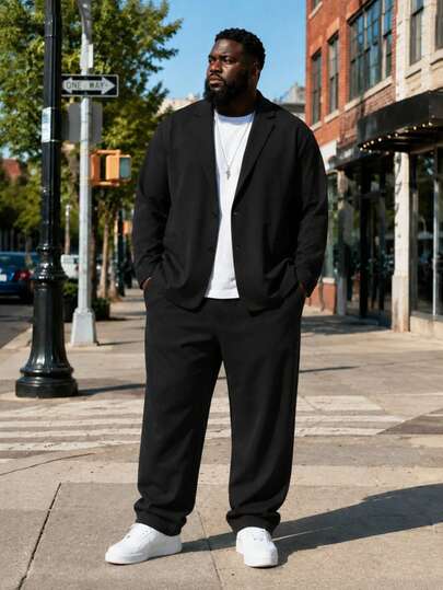 Men's Plus Size Suit Set, Solid Color Casual Suit Set For Autumn, Suitable For Daily Wear
