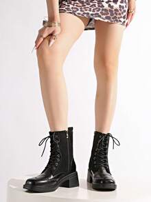 Women's New Autumn/Winter Ankle Boots, Wedge Heel High Heels, Lace-Up British Style Boots - Black - View 3