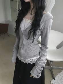 Waist-Cinching Zipper Hoodie, Hot Girl Style, Versatile Loose Fit Autumn Jacket, Hooded Top - Grey - View 5