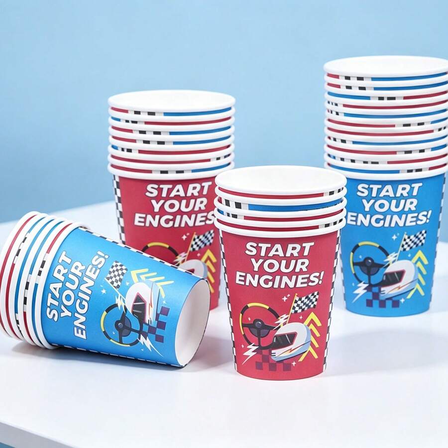 10/25pcs Racing Theme Disposable Paper Cups, Start Your Engines Racing Flag Print Party Cups, Suitable For Boys Birthday Party, Racing Theme Party Decoration, Party Drinkware Supplies - Multicolor - View 1