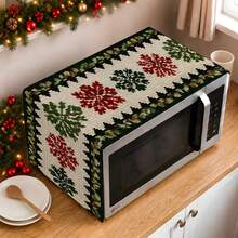 2DFLAT 1PC Polyester Pixel Snowflake Embroidered Microwave Dust Cover, Beige Base With Winter Holly Berry Red & Green Retro Christmas Kitchen Oil-Proof Cover Cloth - Multicolor - View 4