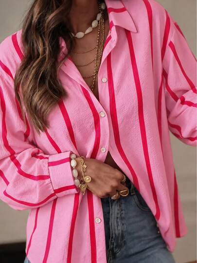Plus Size Women's Drop Shoulder Long Sleeve Casual Striped Shirt, Autumn/Winter