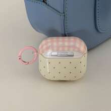 Polka Dot & Pink Plaid Earphone Case With Hanging Ring, Compatible With Apple 5/ 4/ 2/ 3/ Pro 3/ Pro 2, Cute Korean Style Protective Cover With Pendant For Girls - Creamy Yellow - View 5