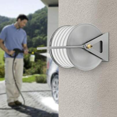 Virellio 430 Stainless Steel Hose Reel Stand, Wall Or Floor Mount Manual Water Hose Holder With Brass Connectors For Garden Outdoor Storage