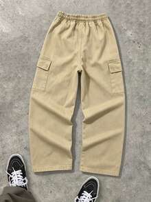 1pc Boys' Casual Daily Wear Street Style Japanese Camping Inspired Minimalist Unisex Solid Color Denim Cargo Pants - Camel - View 2