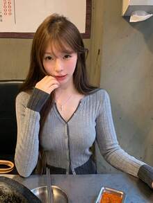 Autumn/Winter Korean Vintage Gray Colorblock Single-Breasted Long Sleeve Knit Cardigan, Casual Versatile For Daily Wear - Grey - View 1
