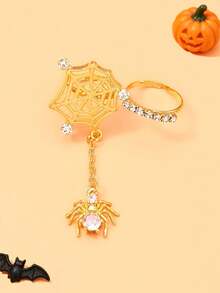 1pc Gold Gothic Spider Web Decor Ring With Spider Pendant & Rhinestones, Punk Halloween Women's Finger Accessory - Spider - View 4
