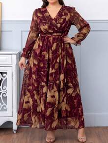 DEARCASE Plus Size Women Floral Print V-Neck Long Sleeve Dress Elegant Vacation - Burgundy - View 3