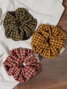 1pc Olive Green Orange Pink Brown Korean Style Plaid Ruched Scrunchie Soft Textured Fabric Hair Tie For Commute Girl Low Ponytail Bun - Multicolor - View 2