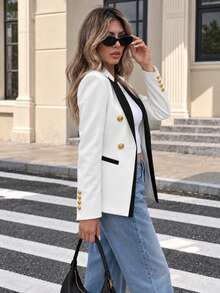 Women's Black And White Contrast Color Blazer, Black Patchwork Lapel With Gold Double-Breasted Buttons, Slim Fit Long Sleeve, Autumn Commute Office And Party Outfit - White - View 5