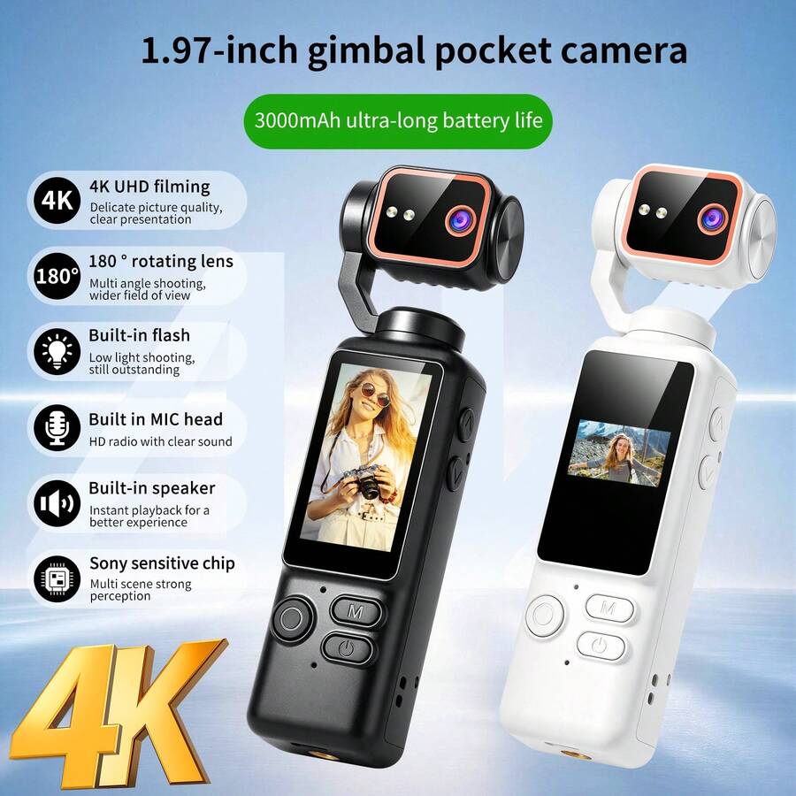 Kamera Digital Genggam 4K Ultra HD, Zoom Digital 16x, Perekaman Video 4K, Chip Sensitif, Lensa Berputar 180°, Flash Terintegrasi, Dukungan Pemotretan Malam, Fokus Otomatis, Mode Lanskap/Potret, Dilengkapi Kartu SD 64GB, Baterai 3000mAh