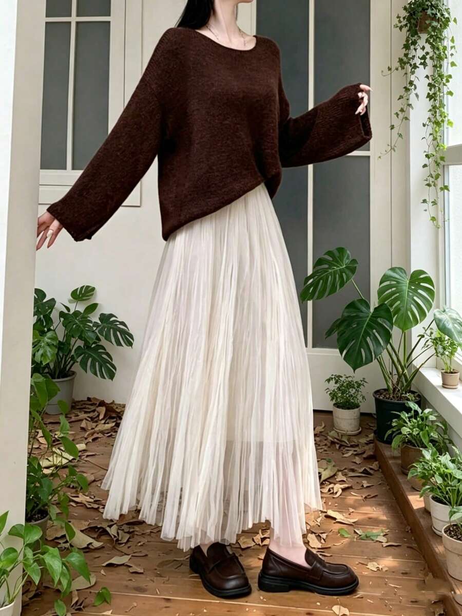 Rok Maxi Wanita Elegan Rajut Dua Lapis Jala Model Mengembang, Desain Berlipit, Sedikit Elastis, Cocok untuk Musim Gugur/Musim Dingin