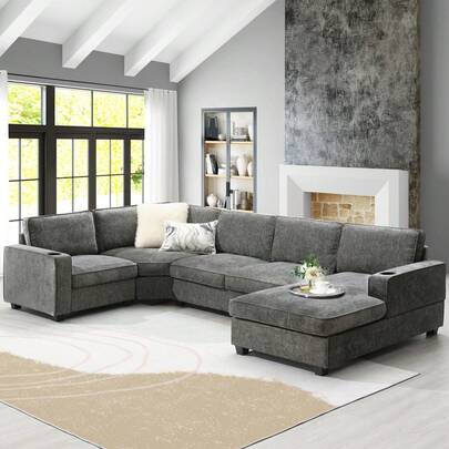117.5" U-Shaped Sectional Sofa, 6 Seat Chenille Corner Couch Set With Cup Holders, Oversized Chaise Lounge, Irregular Corner, Deep And Wide Seat, Comfy Sofa For Living Room&Apartment