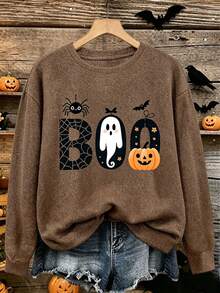 Women's Casual Long-Sleeve Sweater [Halloween] – "BOO" Graphic Print (Spider, Pumpkin, Ghost) – Crew Neck – Simple & Fun Style – Plus Size - Dark Ochre - View 2