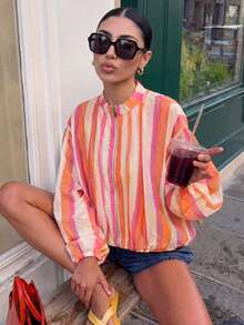 GMFP 女款多色直條紋立領短版拉鍊外套，對比設計休閒度假風女裝外套 - 圖片色 - 查看 3