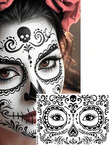12 Sheets Halloween Sugar Skull Face Temporary Stickers, Day Of The Dead Floral Skull Full Face Stickers, Cosplay Festival Party Face Decorations - Multicolor - View 6
