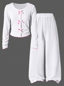 2 Pieces Sweet Girl Bow Home Set, White Pit Stripe Round Neck Long Sleeved Loose Pants, Suitable For Daily Casual Wear In Spring, Autumn And Winter. - White - View 1