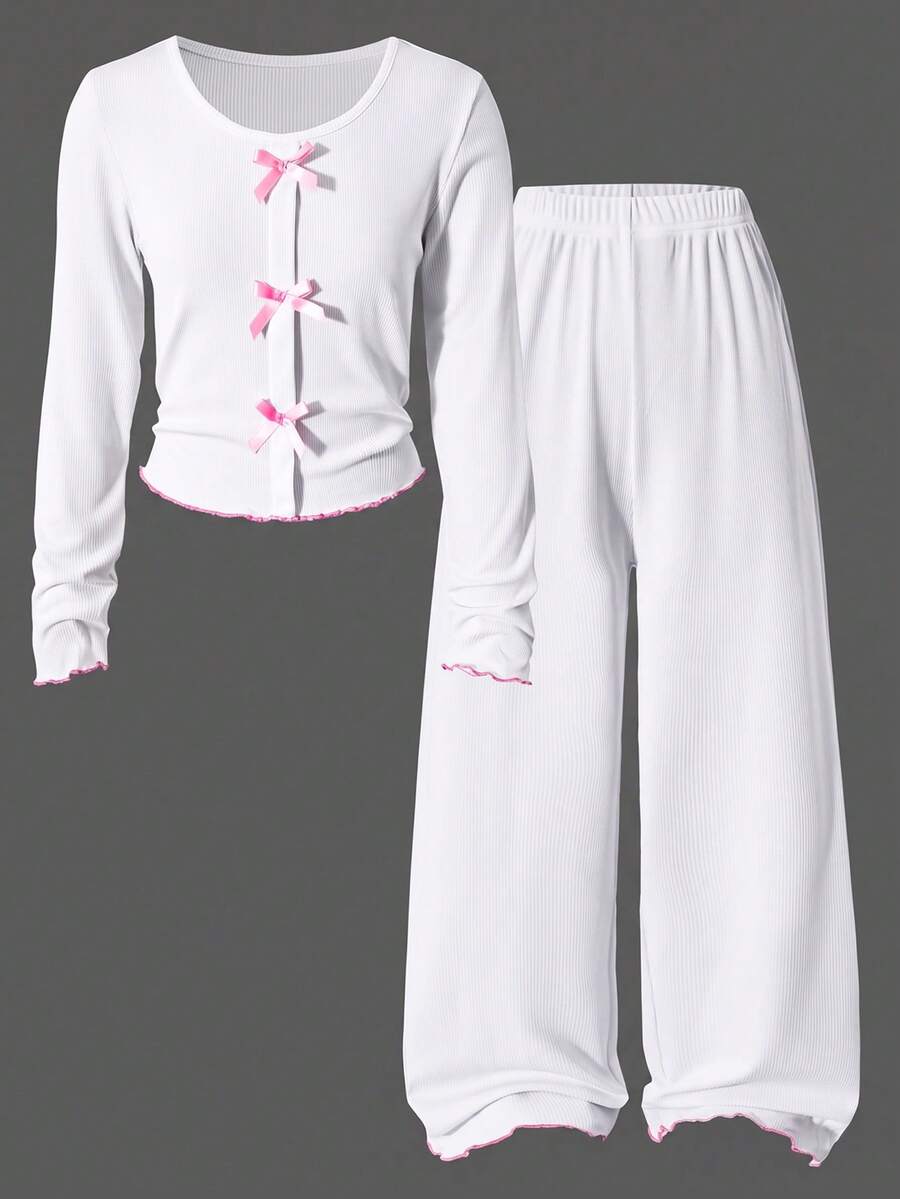 2 Pieces Sweet Girl Bow Home Set, White Pit Stripe Round Neck Long Sleeved Loose Pants, Suitable For Daily Casual Wear In Spring, Autumn And Winter. - White - View 1