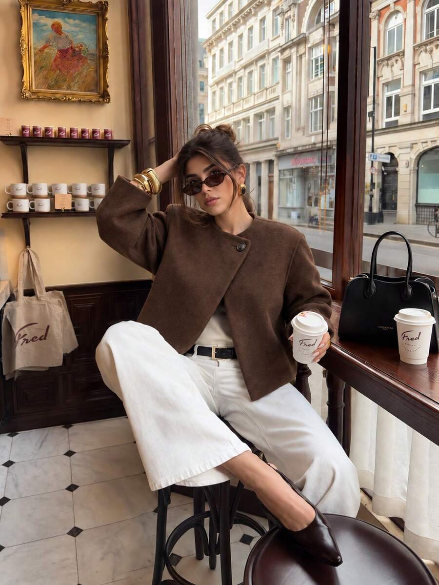 Women's Casual Wool Blend Winter Jacket, Elegant Retro Coffee Color Short Style, Simple Solid Color Loose Fit, Suitable For Daily Outings, Store Visits And Commuting - Brown - View 1