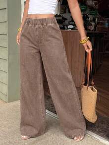 Women's Plus Size Washed Denim Loose Long Jeans, Elastic Waist Design, Non-Stretch Vintage Casual Pants - Brown - View 6