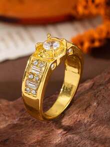 1PC Business Men's Fashion Luxury Personalized Round White Cubic Zirconia Ring, Wedding Engagement Party Jewelry Gift - Gold - View 4