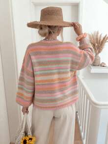 Senya 2026 Women's Plush Striped Knit Cardigan, Buttonless Open Front Loose Long Sleeve Sweater Jacket, Casual Y2K Daily Autumn/Winter Top - Multicolor - View 5