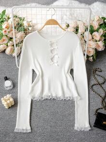 Apricot Lace Patchwork Sweater Women's Autumn/Winter New Long Sleeve Top Bow Pearl Embellished Knit Cardigan - Apricot - View 7