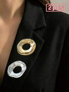 2pcs Asymmetrical Hollow Circle Brooch, Gold & Silver Dual-Tone Alloy Textured Pin, Waist Decor For Suit, Sweater, Shirt, Dress, Women's Accessory For Daily, Commute, Date, Gift - Multicolor - View 2