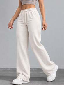 Women High Waist Wide Leg Pants Loose Fit Casual Trousers With Drawstring Waist Solid Color Pants For Everyday Outfit. - White - View 6