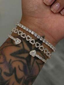 3pcs Luxury Fashion Geometric Heart Zirconia Bracelet Set, Adjustable For Women, Elegant Style, Perfect Gift (Slight Color Difference Between Bracelets, Random Number Of Rhinestones) - Silver - View 1