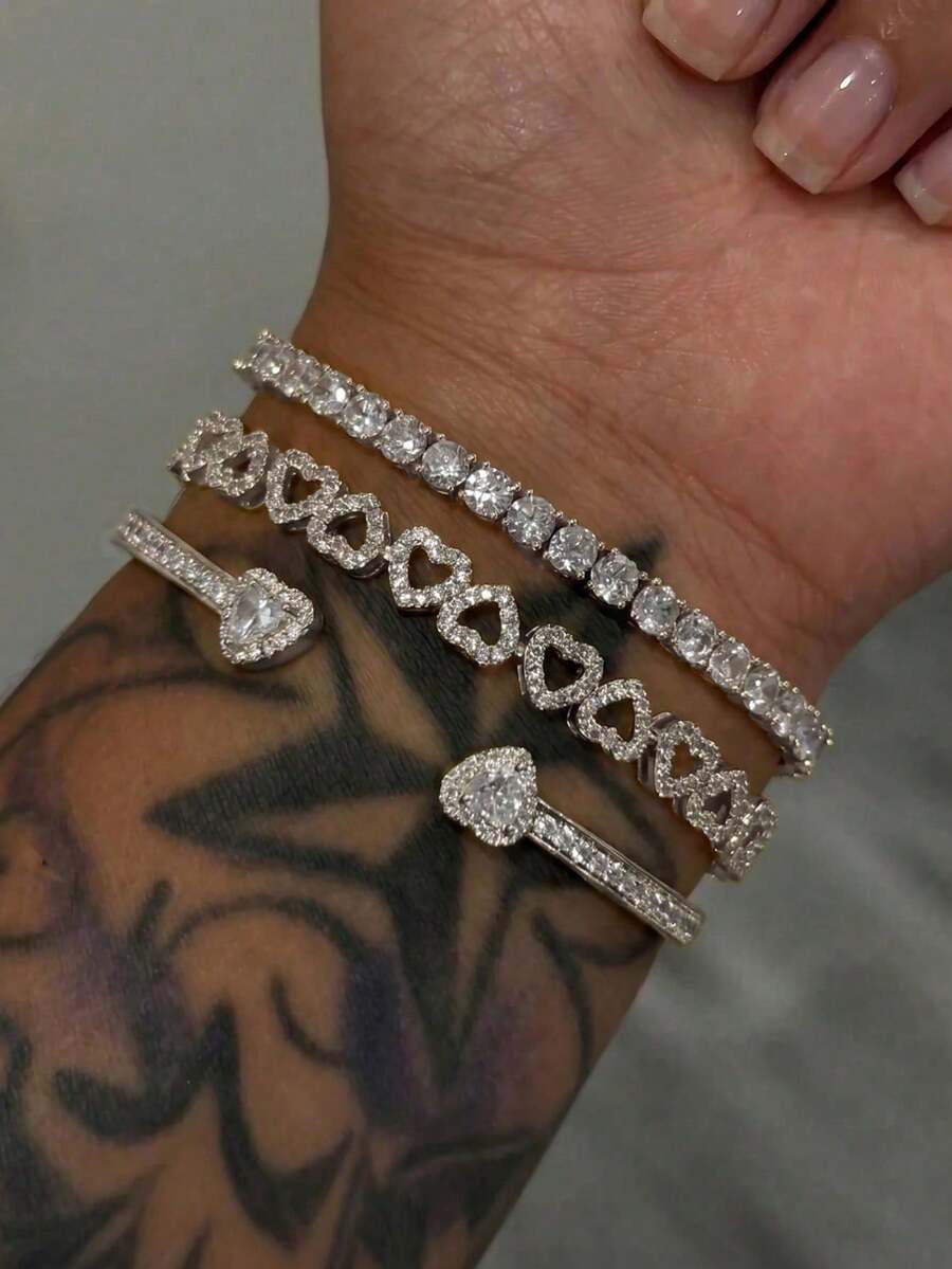 3pcs Luxury Fashion Geometric Heart Zirconia Bracelet Set, Adjustable For Women, Elegant Style, Perfect Gift (Slight Color Difference Between Bracelets, Random Number Of Rhinestones) - Silver - View 1
