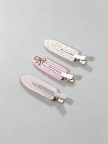 1/3/6pcs Cute Sweet Style Pink Seamless Crocodile Hair Clips, Gentle Girl Style Floral Polka Dot Side Bangs Clips, Rhinestone Bow Hair Clips For Women - Pink - View 3