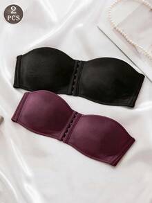 2pcs Women's Front Closure Wireless Support Bra, Summer Bandeau Lingerie, Soft & Comfortable Underwear - Multicolor - View 3