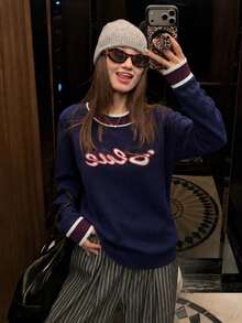 Autumn/Winter Royal Blue Women's Sweater, Colorblock Crew Neck Long Sleeve Letter Print Design, Y2K Street Casual Style, Suitable For Back To School, Music Festivals - Royal Blue - View 4