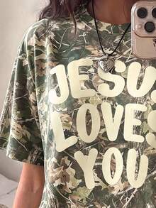 Jesus Camo T-Shirt Christian Faith Y2K Fashion Back To School Going Out Outfits Fall Clothes For Women, Women's Casual Round Neck Short Sleeve Minimalist T-Shirt - Multicolor - View 5