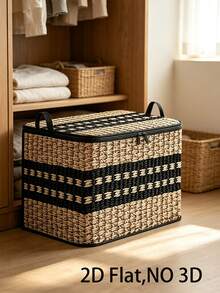 Large Beige Woven Storage Basket With Lid, Foldable And Stackable, Suitable For Organizing Clothes And Blankets, Dust-Proof Large Rectangular Flip-Top Storage Box, 2D Flat Design, Applicable For Entryway, Living Room, Christmas Decor And Underbed Storage - Multicolor - View 3