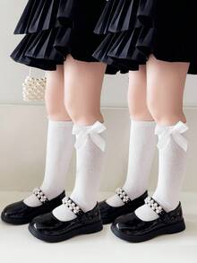 2 Pairs Girls' Bow Knee-High Socks, Elastic Comfortable Breathable Casual Holiday Birthday Party Daily Wear, Suitable For All Seasons - Multicolor - View 11