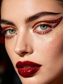 1pc Red Rhinestone Eyeliner Sticker, Self-Adhesive Crystal Eye Tail Decoration Sticker, Upper Eye Tail Rhinestone Strip + Lower Eyelid Fine Rhinestone Combination Eye Makeup Sticker, Waterproof Shiny Eye Rhinestone Decor, Suitable For EDM Party, Halloween Cosplay - Red - View 4