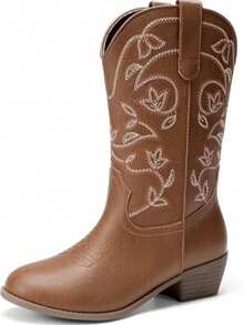 Botas vaqueras occidentales clásicas bordadas con estampado floral, punta redonda, media pantorrilla, cierre lateral - Marrón - Ver 2
